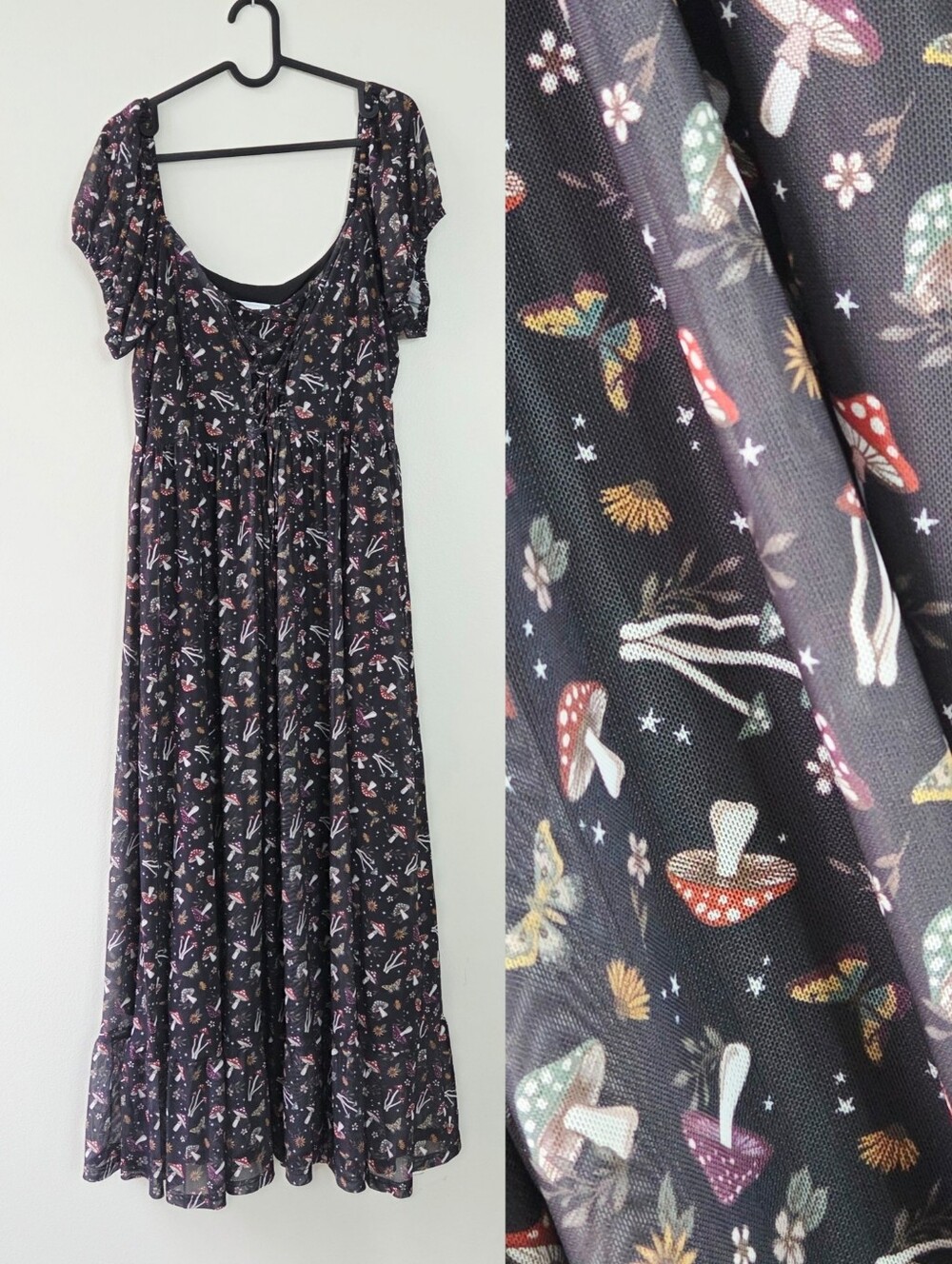 Daisy Street Mushroom Butterfly Print Maxi Mesh Milkmaid Dress Goth Punk 2X